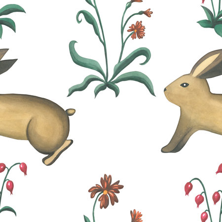 Hand-drawn watercolor illustration of a rabbit with flowers. Seamless pattern on a transparent background in the medieval styleの写真素材