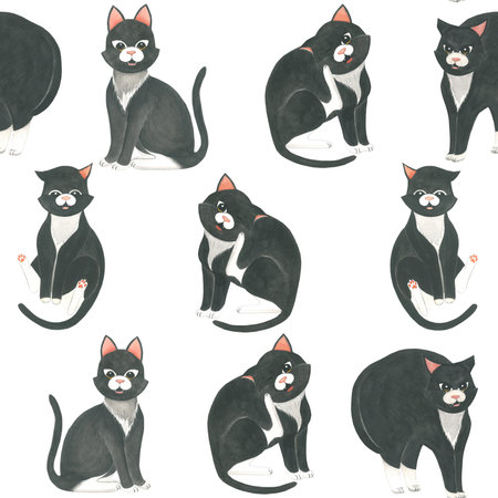 Watercolor illustration of black cats seamless pattern on white backgroundの写真素材