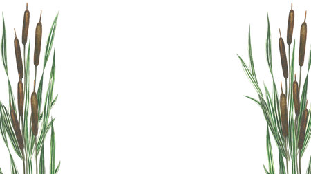 Watercolor illustration horizontal frame of cattail isolated on white background hand drawnの写真素材