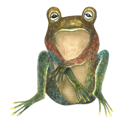 Green spotted frog. Hand-drawn watercolor illustration isolated on white backgroundの写真素材