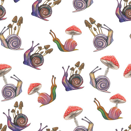 Watercolor illustration of snails, grebes and fly agarics on a white background. Seamless pattern for design hand drawnの写真素材