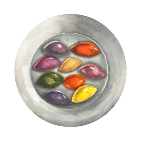 Watercolor composition of plate and songpyeon illustrations. For korean autumn harvest festival isolated on white background hand drawnの写真素材
