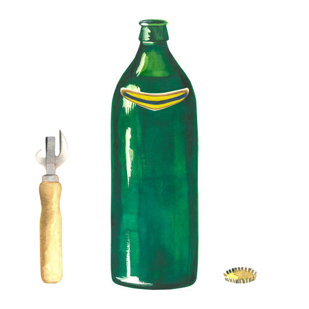 Watercolor illustration of a green glass beer bottle, cap and opener. Drawn by hand, isolated on a white background. For posters and beer businessの写真素材