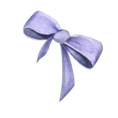 Watercolor illustration of a lilac bow. Hand drawn isolated on white backgroundの写真素材
