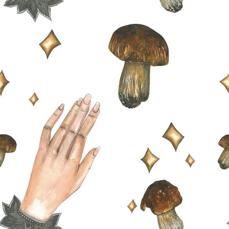 Mystical pattern of mushroom and hand. Seamless pattern of watercolor illustrations. Hand-drawn. Happy Halloweenの写真素材