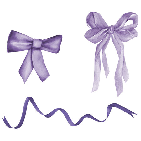 Watercolor illustration of satin purple bows and ribbons drawn by hand isolated on white backgroundの写真素材