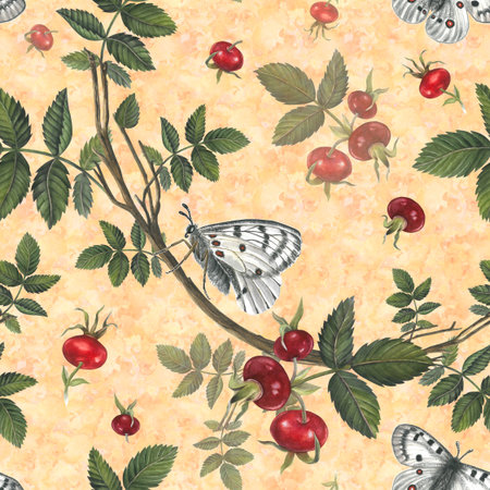 Flowers and branches with leaves rose hips and white butterfly apollo. Seamless pattern on a watercolor background for fabric, textile, prints, designの写真素材