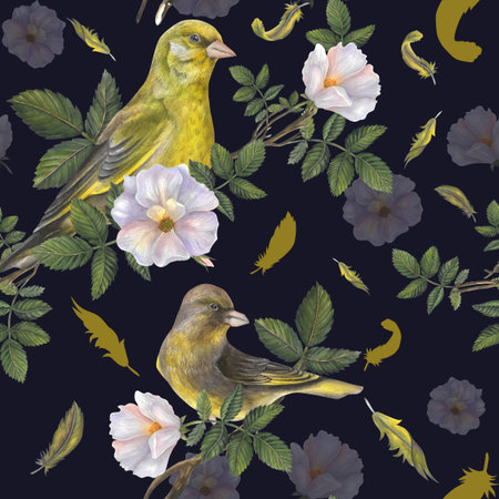 Greenfinch birds, feathers, rosehip flowers, leaves on dark background hand drawn. Seamless pattern watercolor illustrations for fabric, textile, prints, designの写真素材