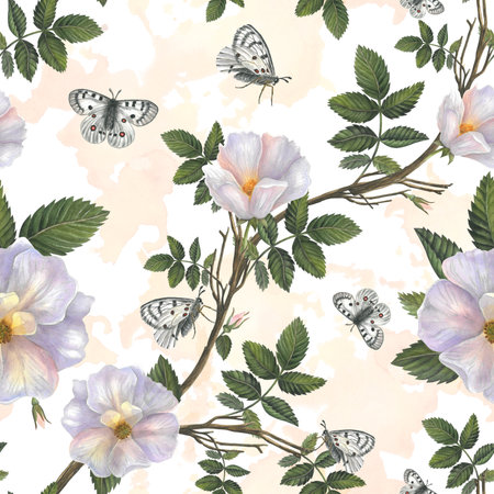 Flowers and branches with leaves rose hips and white butterfly apollo. Seamless pattern on a watercolor background for fabric, textile, prints, designの写真素材