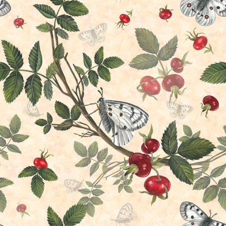Rose hips and white butterfly. Seamless pattern of watercolor illustrations on a background of watercolor spots. For fabric, wrapping paper and invitation designの写真素材