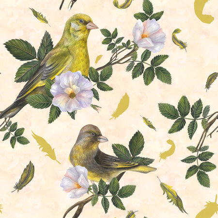 Greenfinch birds, feathers, rosehip flowers, leaves on watercolor background hand drawn. Seamless pattern watercolor illustrations for fabric, textile, prints, designの写真素材
