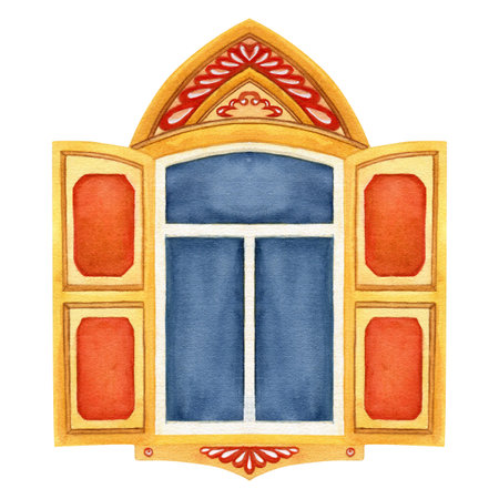 Watercolor illustration window vintage frame with open shutters, vertical. Old rustic window. Hand...