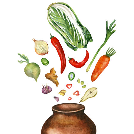 Watercolor illustration of korean traditional food kimchi. Hand drawn isolated on transparent background. For design culinary recipes, templates, posters, postcardsの写真素材