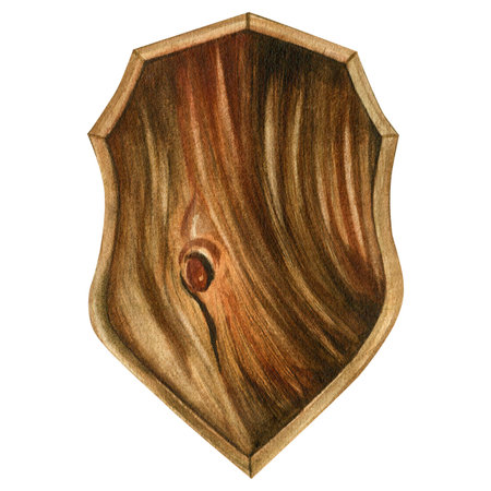 Wooden rustic board, oak trophy shield. Hand-drawn watercolor illustration on a white backgroundの写真素材