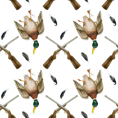 Duck killed during a hunt, rifles crisscrossed. Seamless pattern of hunting trophies. Hand-drawn watercolor illustration. Isolated on a white backgroundの写真素材