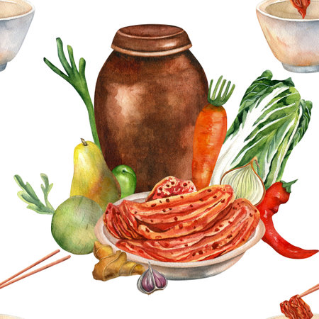 Kimchi watercolor illustrations for gimjang. Seamless pattern white background. Vat with fresh vegetables for cooking. For cards, scrapbooking and textilesの写真素材