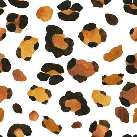 Watercolor leopard print pattern with detailed animal spots in bold black and natural beige tones....