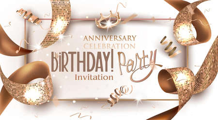 Birthday party banner with golden textured ribbon. Vector illustrationの写真素材