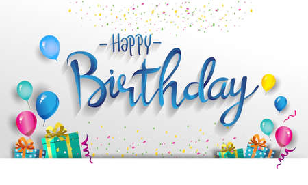 Happy Birthday typography vector design for greeting cards and poster with balloon, confetti and gift box, design template for birthday celebration.の写真素材