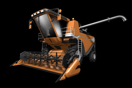 orange wheat agricultural combine harvester with grain pipe detached front view isolated on blackの写真素材