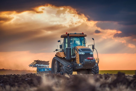 Agricultural tractor preparing land with seedbed cultivator at sunsetの写真素材