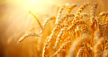 Wheat field. Ears of golden wheat close up. Beautiful Nature Sunset Landscape. Rural Scenery under Shining Sunlight.の写真素材