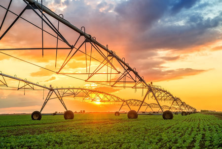 Automated farming irrigation sprinklers system on cultivated agricultural landscape field in sunsetの写真素材