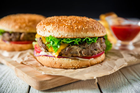 Cheese burger - American cheese burger with fresh salad and tomato sauceの写真素材