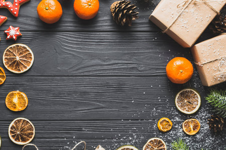 Christmas background on a dark background with dried grapefruits and lemons, red applesの写真素材