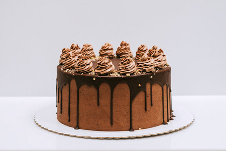 Chocolate ice-cream cake with chocolate frosting on white backgroundの写真素材