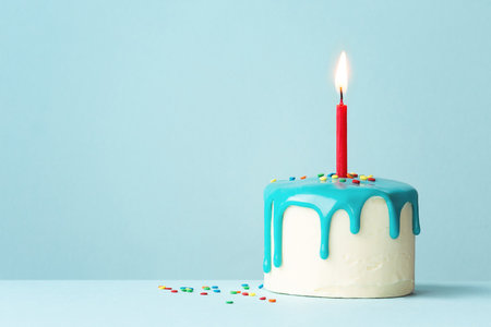 Birthday cake with one red candle and drip frostingの写真素材