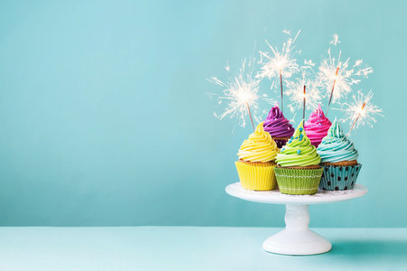 Cupcakes on a cake stand with sparklersの写真素材