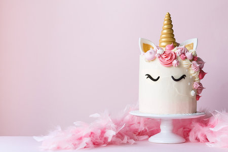Cute unicorn cake on pink backgroundの写真素材