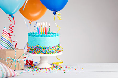 Blue Birthday cake, presents, hats and colorful balloons over light greyの写真素材