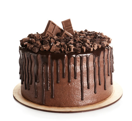 Chocolate cake with chocolate shavings on a white background.の写真素材