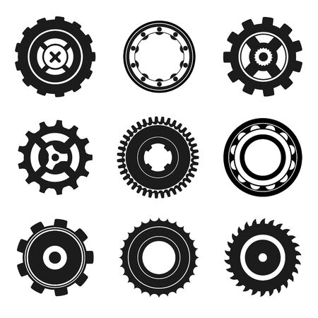 Set of gears, circular saw, bearing. Black and white iconsのイラスト素材