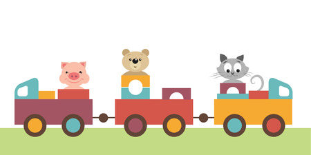 Colorful children's train carries transport toys, gift, wooden pyramids, and kindly, funny, pretty animals. There are pig, piggy, teddy-bear, bear, kitten, cat in railway carriageのイラスト素材