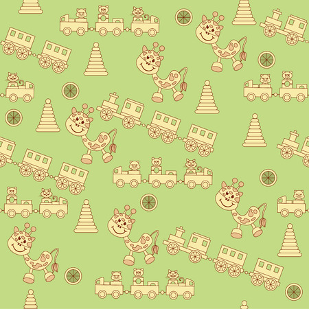 Seamless pattern of children's toys. There is a funny animal, piggy, kitten, teddy bear on the train. Children's pyramid and beautiful smiling giraffe.  Background with pastel soft children's colorのイラスト素材