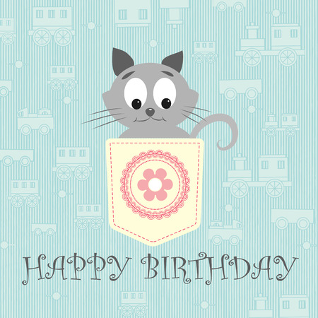 Cute card. Blue background with pretty gray little cat. Kitty placed in a pocket of soft yellow color.  Pocket fabric with a circle ornament and a flower in centre. Happy Birthday.のイラスト素材