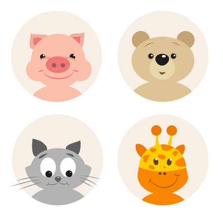Set of four cute cartoon animal character on white background. Pink pig with a cheerful smile. Surprised Bear. Cute kitten cunning. Funny giraffe. Can be used for greeting cards and party invitationsのイラスト素材