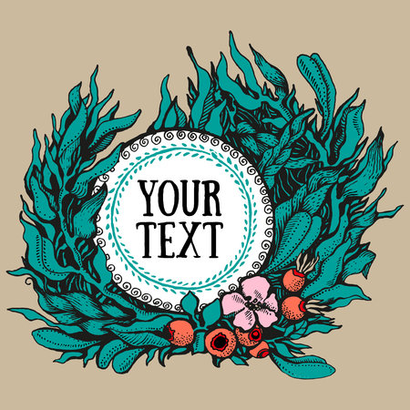 Vector illustration. Hand drawing of pen and ink. Wreath of fantasy leaves on beige background. There are rose hips with flower in the middleのイラスト素材