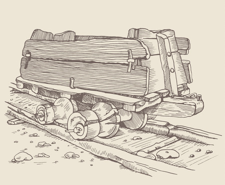 The historic minecart, track railway and old wooden wagon, trolley in Germany. Vintage illustration. Styling engraving. Using picture for your designのイラスト素材