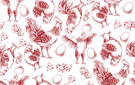Vector seamless pattern. Illustration of red outlines. Rooster, hens, brood, chicken and egg on white background. Hand drawn.のイラスト素材