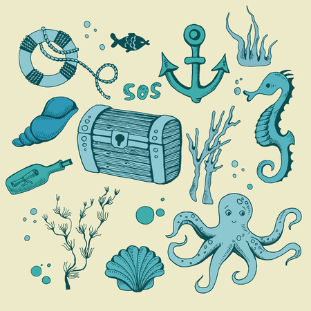 Cute sea objects collection. Vector illustration. Under the water.のイラスト素材