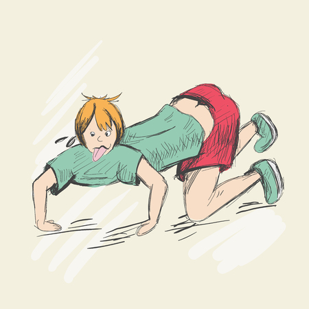 The sweaty man crawls on all fours with his tongue hanging out.のイラスト素材