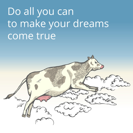 Flying cow in the clouds vector illustration.のイラスト素材