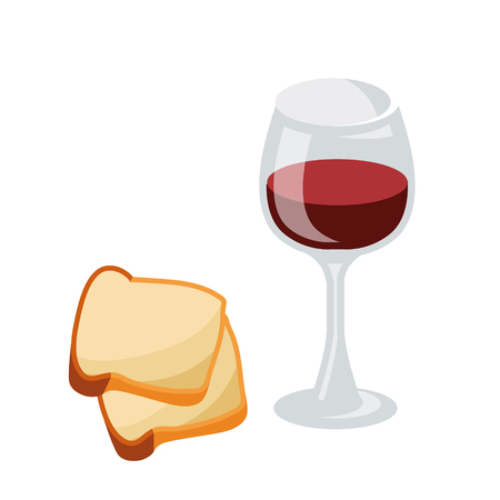 Series of icons for the Easter theme. Dietary food. A glass of wine and a slice of bread. Food for thought Food for Lent time. Isolated vector illustrationのイラスト素材