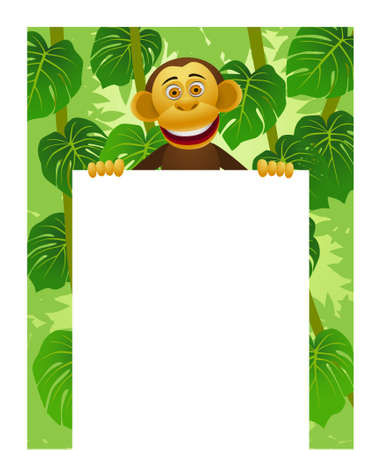 Chimpanzee cartoon and blank signのイラスト素材