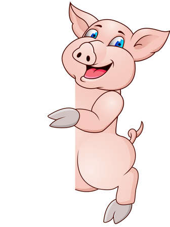 Pig cartoon and blank signのイラスト素材