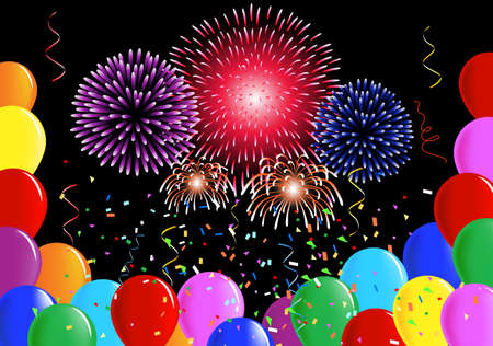Party balloons, confetti ribbons and fireworks の写真素材
